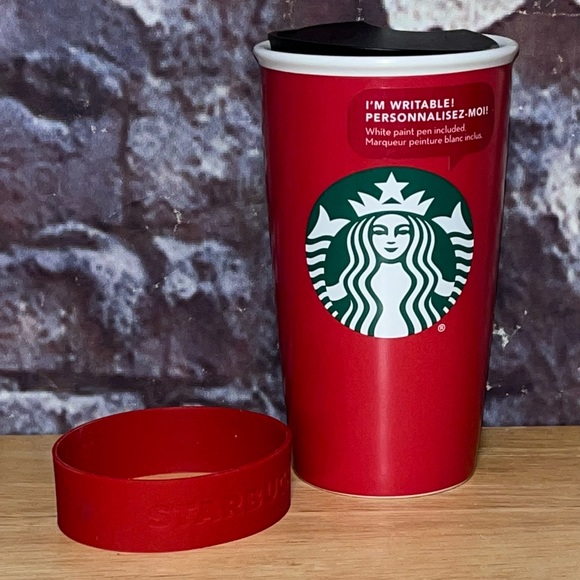 Starbucks Ceramic Red Writable Travel Mug Tumbler Coffee Cup Lid 12oz NWT - Picture 1 of 11